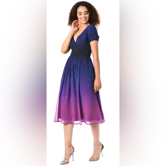 Eshakti Ombre Star Print Georgette Surplice Midi Dress - Picture 3 of 12